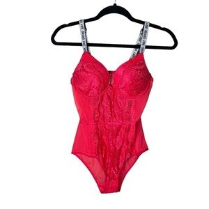 Juicy Couture Dragon Rose‎ Hot Pink Push Up Lace Mesh Bodysuit Lingerie Large
